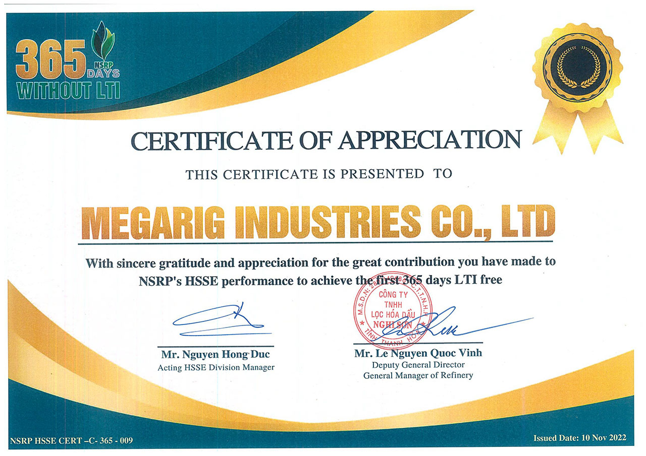 Megarig Industries hoàn thành mục tiêu 365 ngày làm việc an toàn tại NSRP